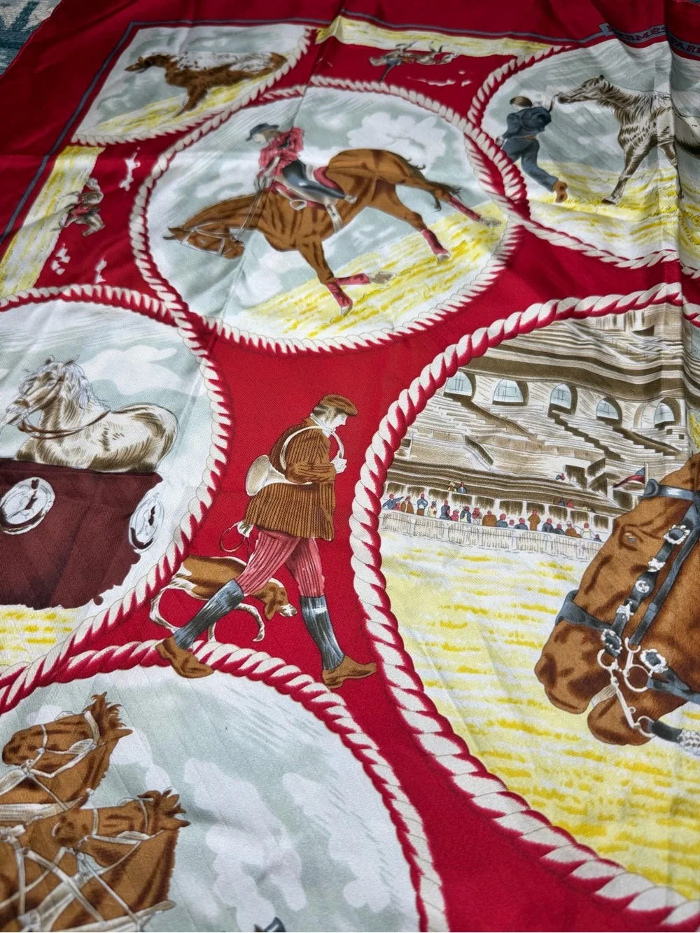 Hermes Paris Red Horse Equestrian Silk Scarf.